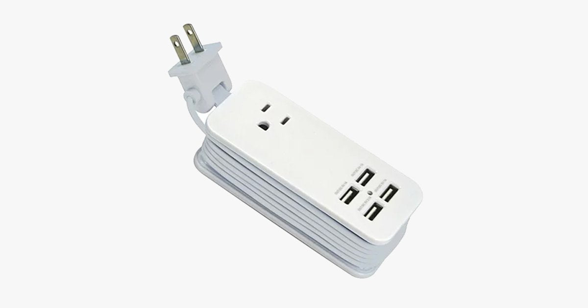Tragbare Ladestation mit 4 USB-Anschlüssen – Universalsteckdose und 1,5 m langem Kabel – Ideal für Reisen