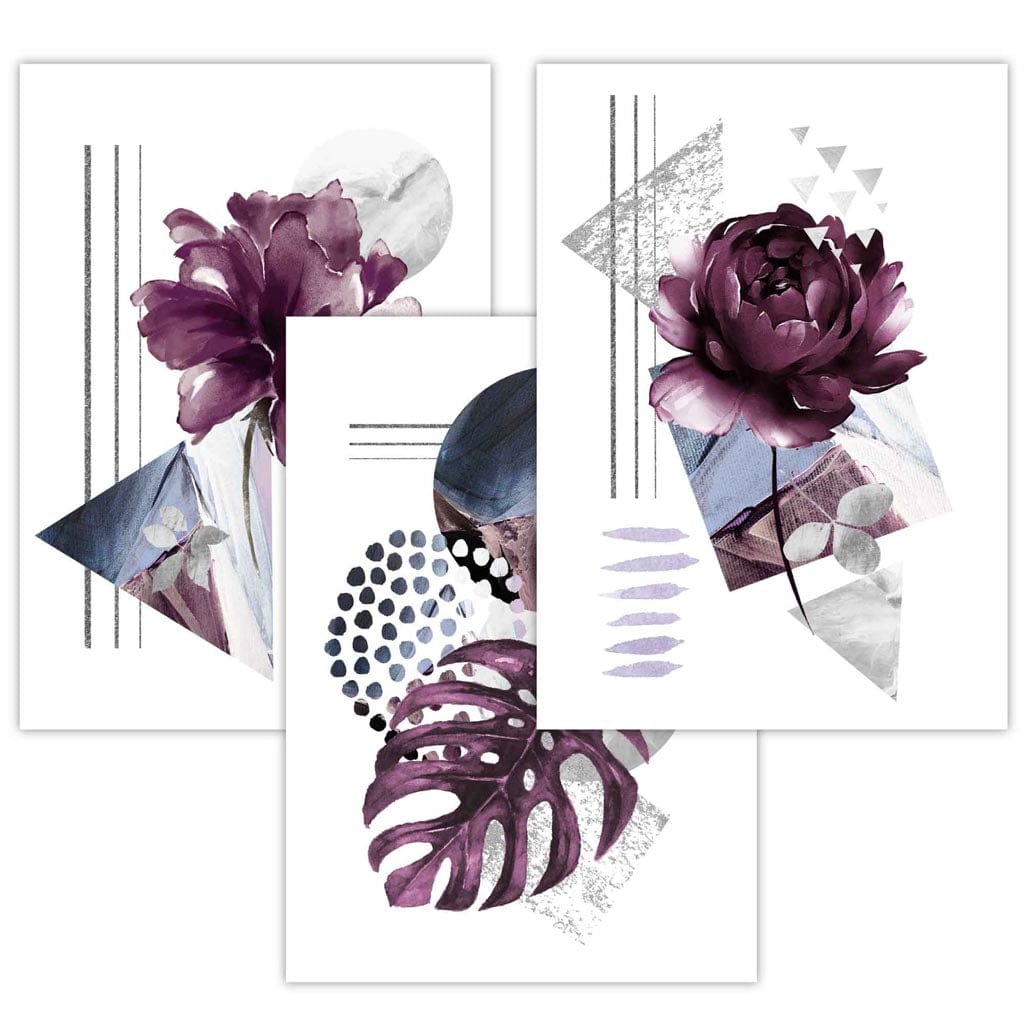 Abstrakte, lila und silbergraue florale Wandbilder mit Rahmen