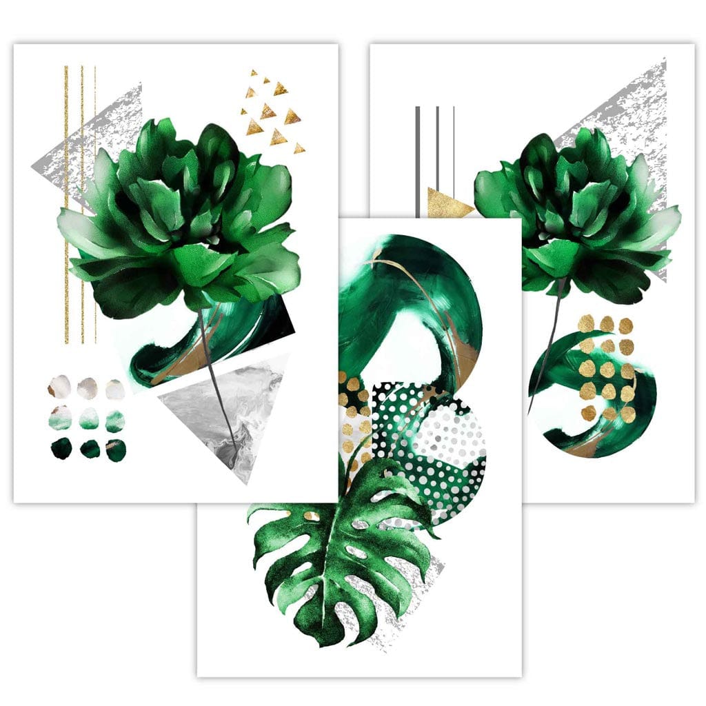 Abstraktes grün-goldenes Blumen-Set aus 3 gerahmten Wandbildern