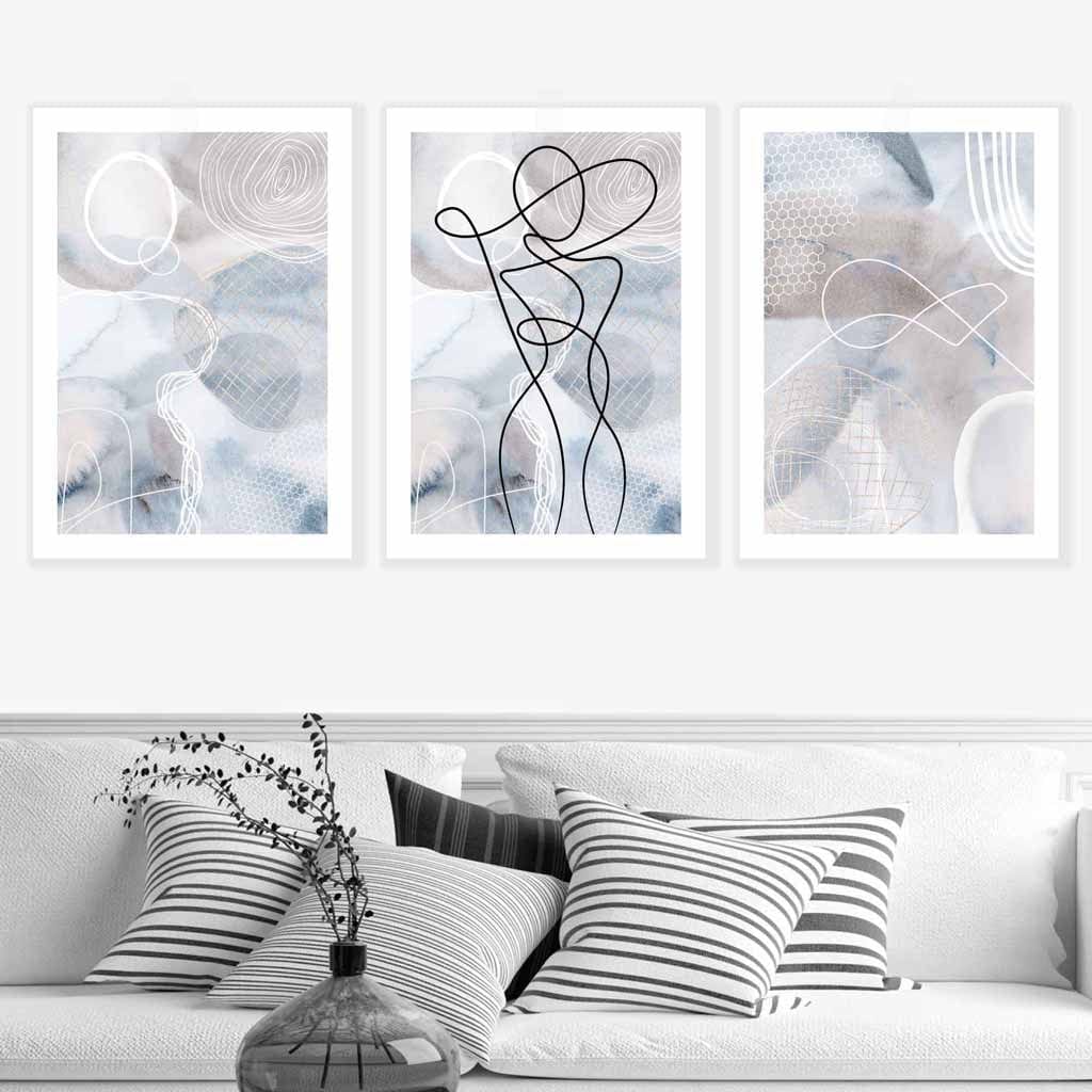 Abstraktes Set aus 3 Kunstdrucken mit Modelinien in Blau und Beige