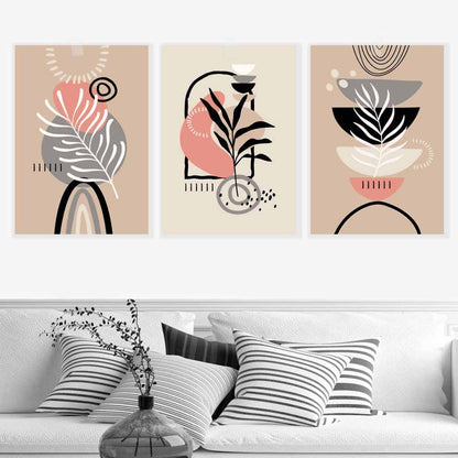 Boho-Stil, abstraktes 3er-Set Wandbilder in Rosa, Schwarz, Beige und Grau