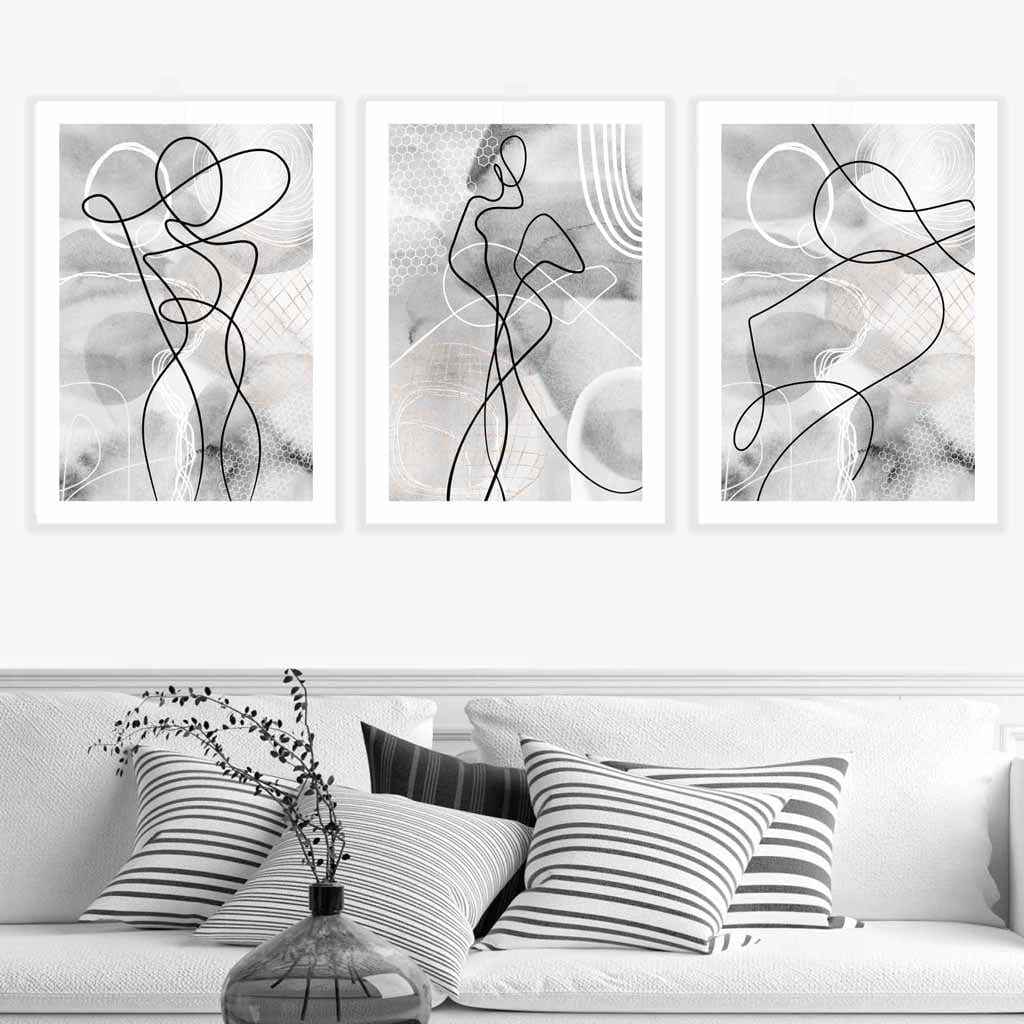 Abstraktes Set aus 3 Mode-Linienkunst-Wandbildern in Schwarz und Grau