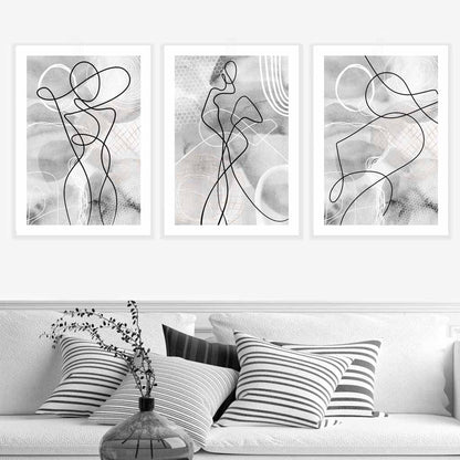 Abstraktes Set aus 3 Mode-Linienkunst-Wandbildern in Schwarz und Grau