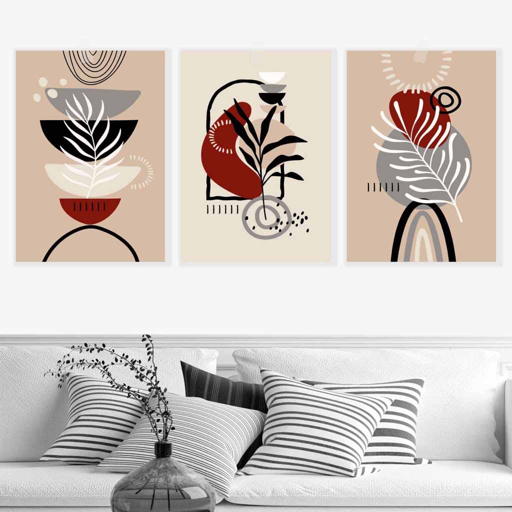 Boho-Blumen-Set, 3 Wandbilder in Schwarz, Beige, Rot und Grau