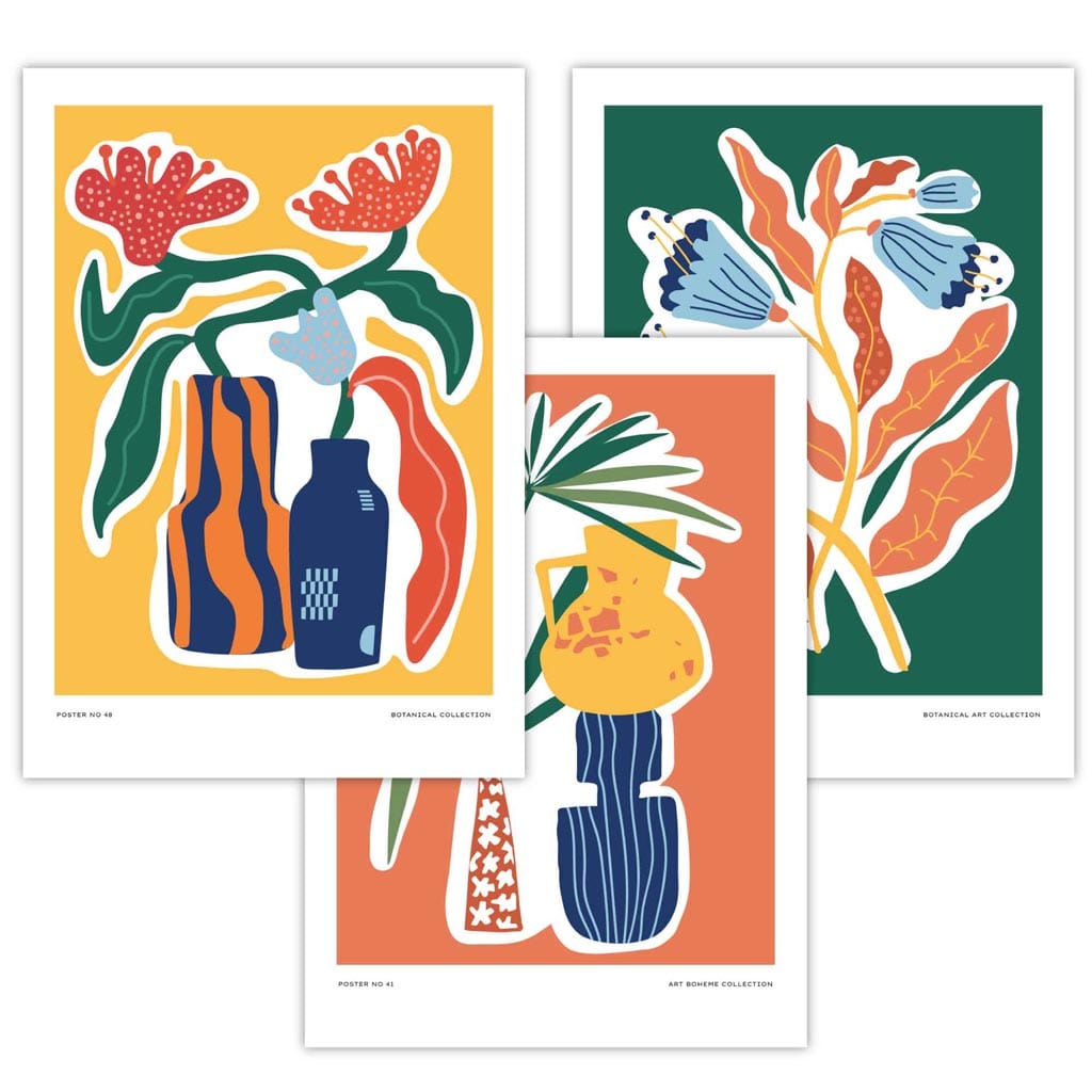 Künstlerisch gestaltetes botanisches Poster-Set mit 3 Postern in Grün, Orange und Gelb