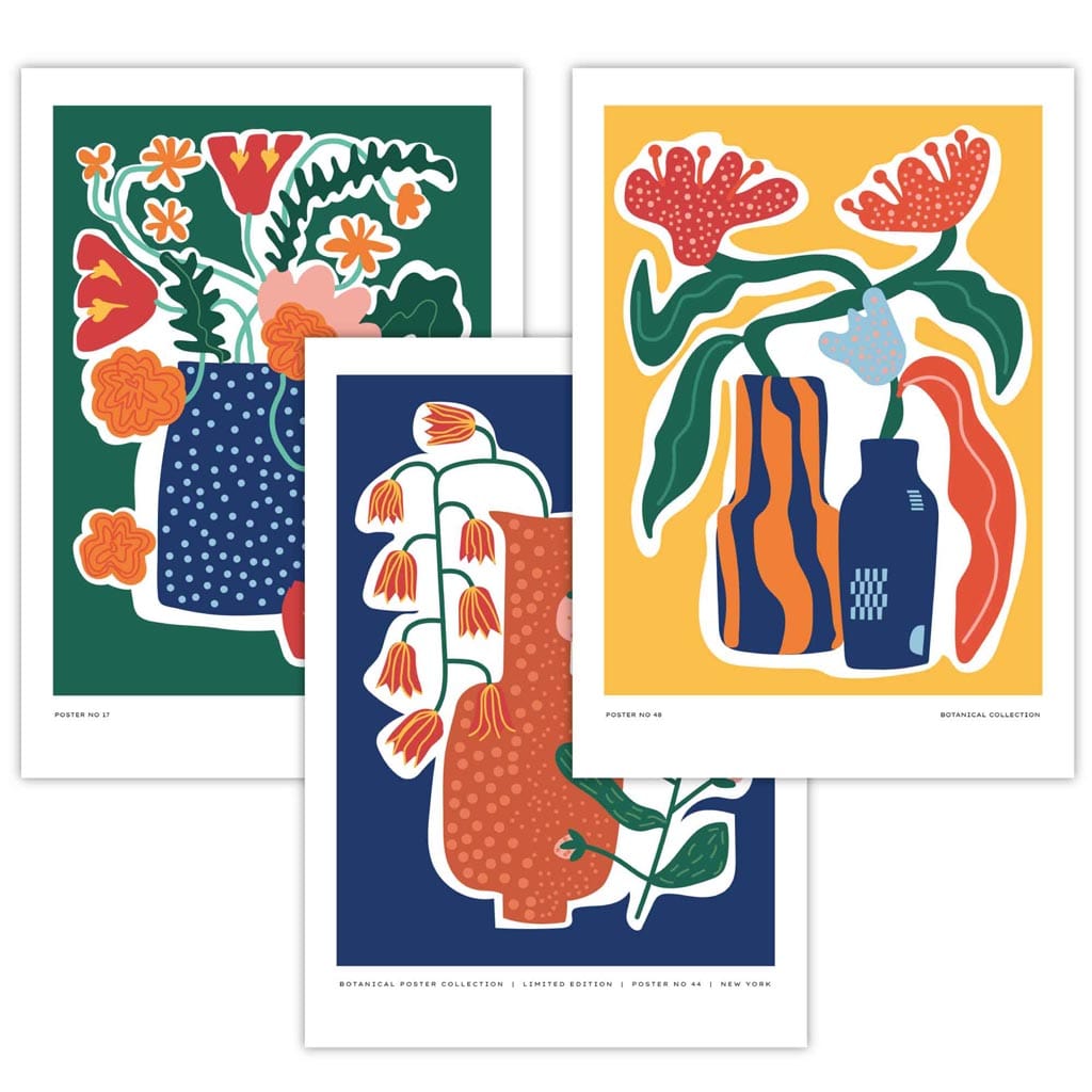 Künstlerisch gestaltetes, farbiges botanisches Poster-Set mit 3 Postern in Blau, Gelb und Grün