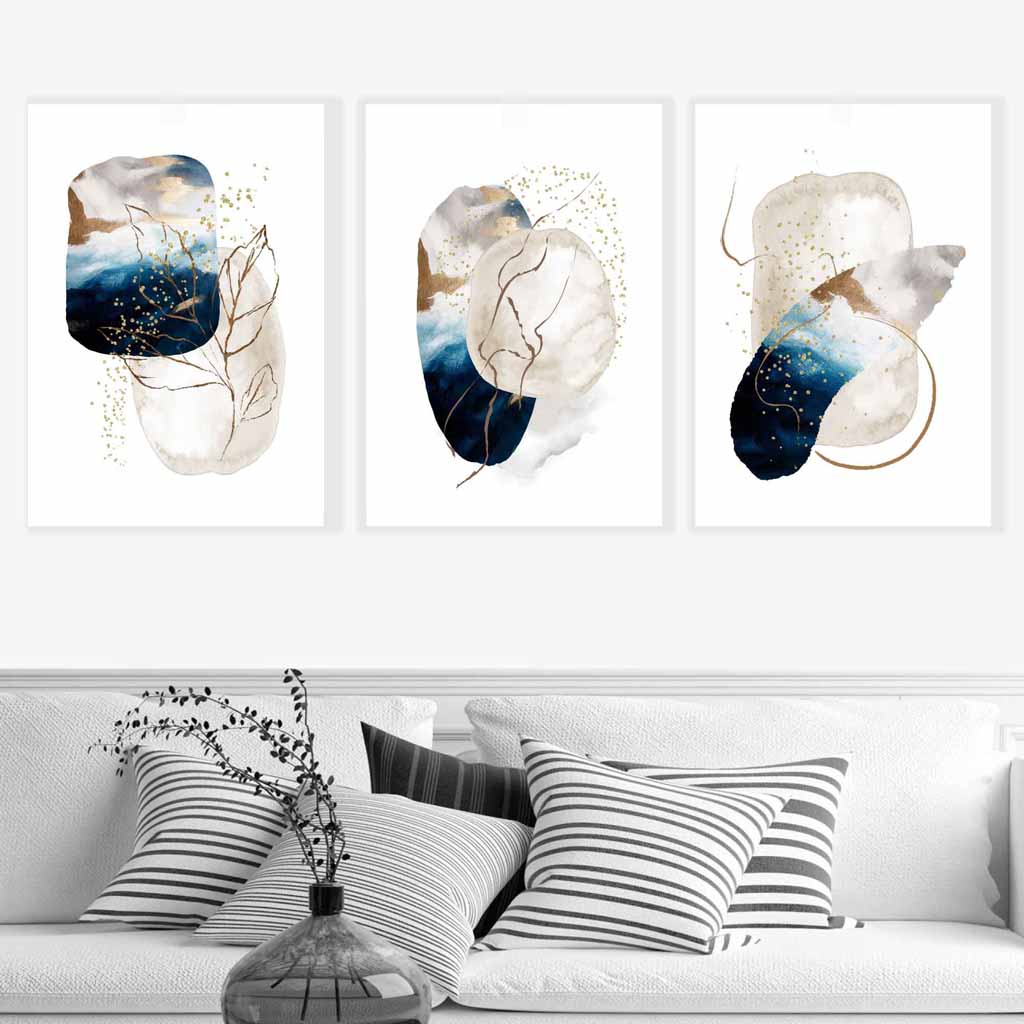 Abstraktes, strukturiertes Wandbild-Set in Marineblau, Elfenbein und Gold (3-teilig)