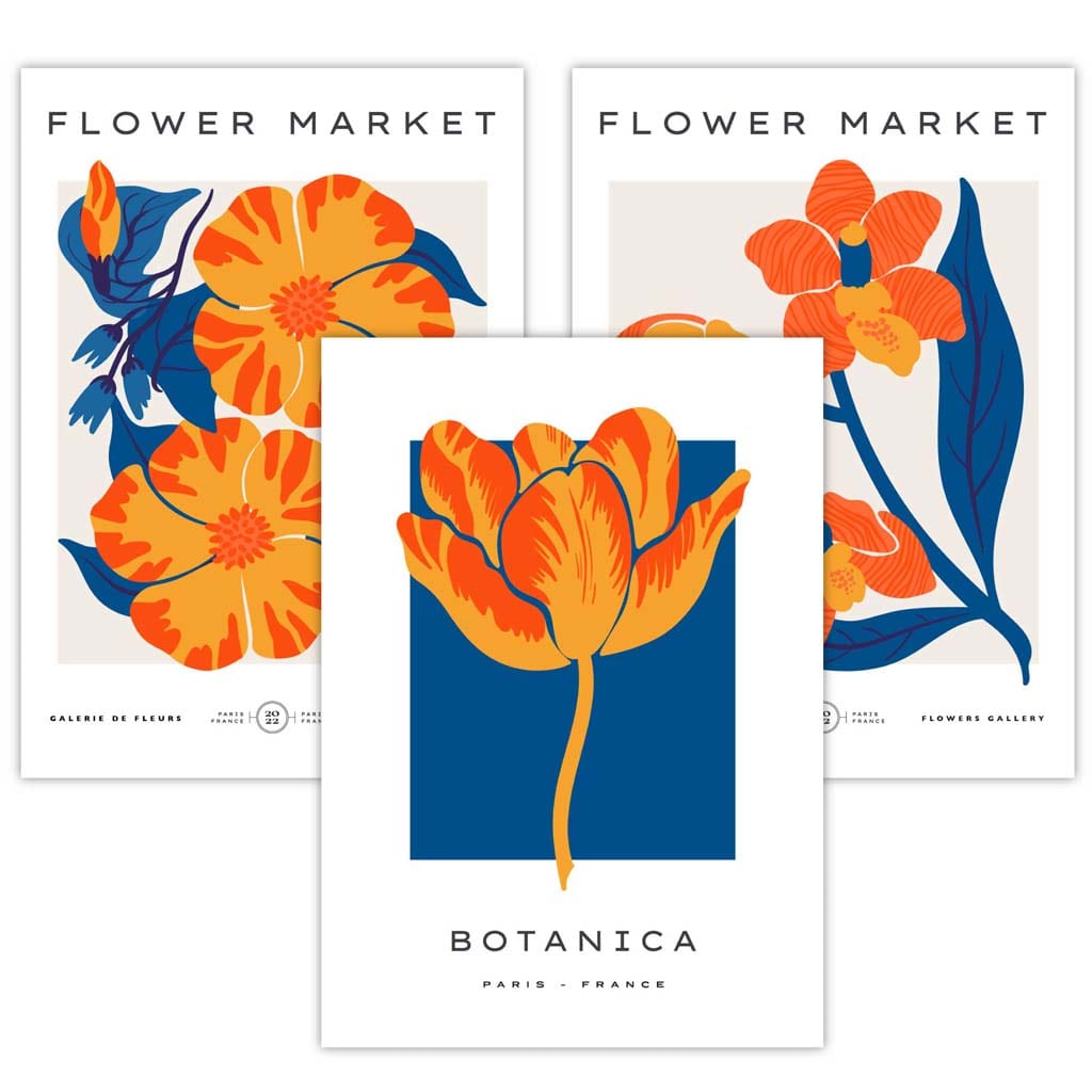 Wandbilder mit Rahmen zum Thema „Blauer und oranger Blumenmarkt“