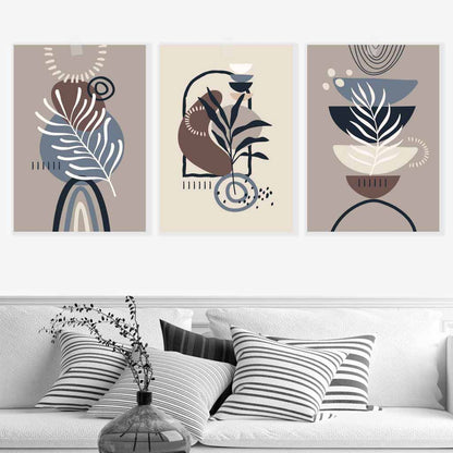 Boho-Botanisches Set aus 3 Wandbildern in Schwarz, Beige, Blau und Braun