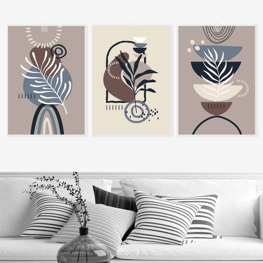 Boho-Botanisches Set aus 3 Wandbildern in Schwarz, Beige, Blau und Braun