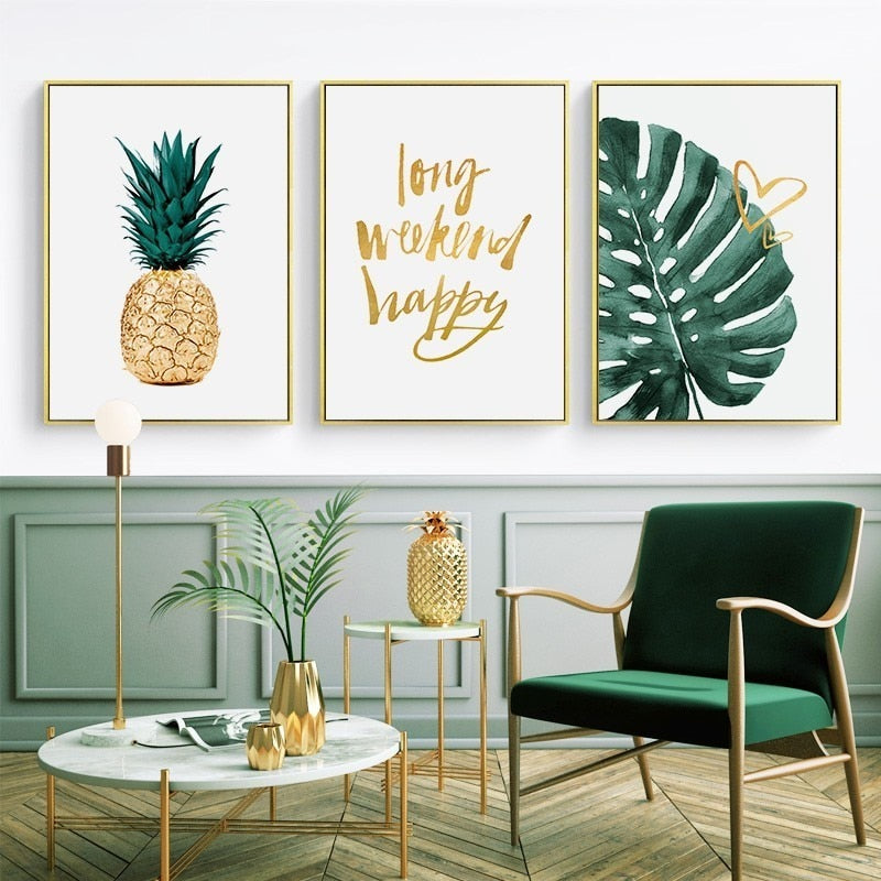 Gold Ananas Tropische Schildkröte Blatt Modern - Leinwand Wandkunst Malerei