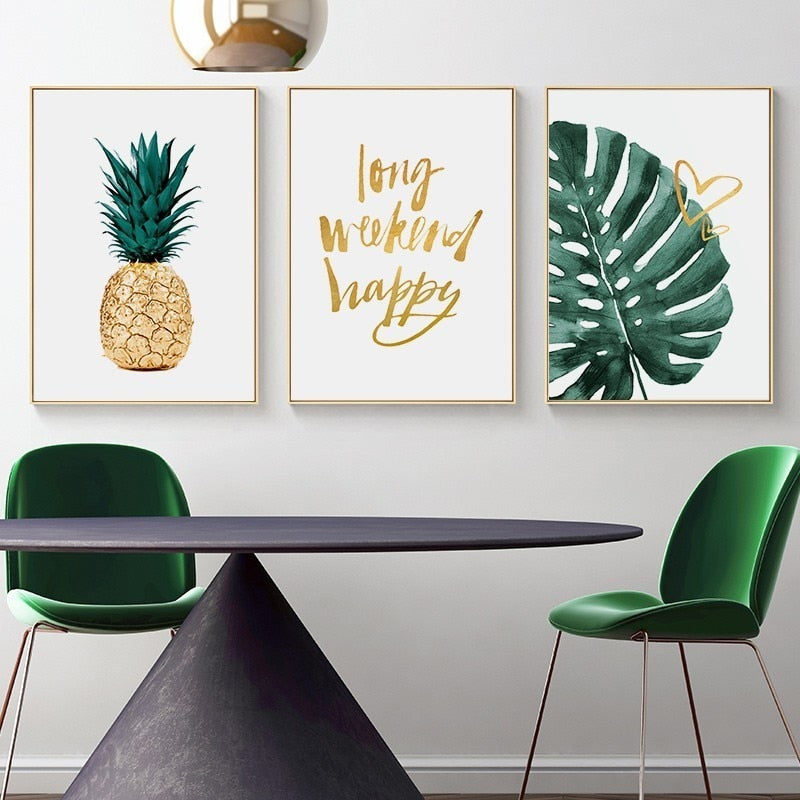 Gold Ananas Tropische Schildkröte Blatt Modern - Leinwand Wandkunst Malerei