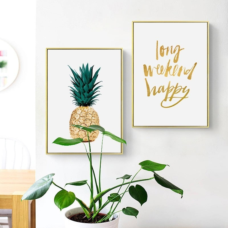Gold Ananas Tropische Schildkröte Blatt Modern - Leinwand Wandkunst Malerei