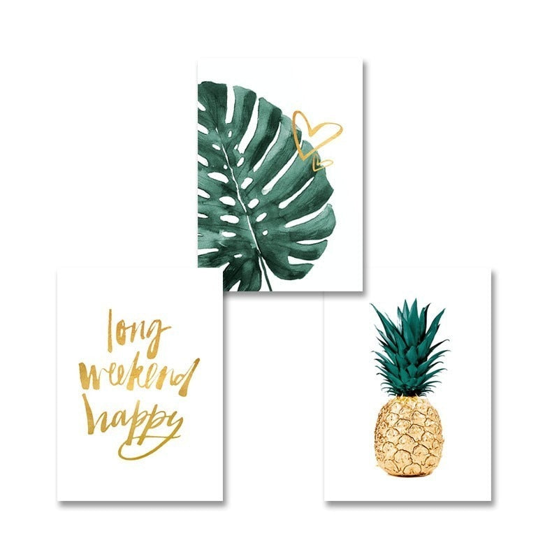 Gold Ananas Tropische Schildkröte Blatt Modern - Leinwand Wandkunst Malerei