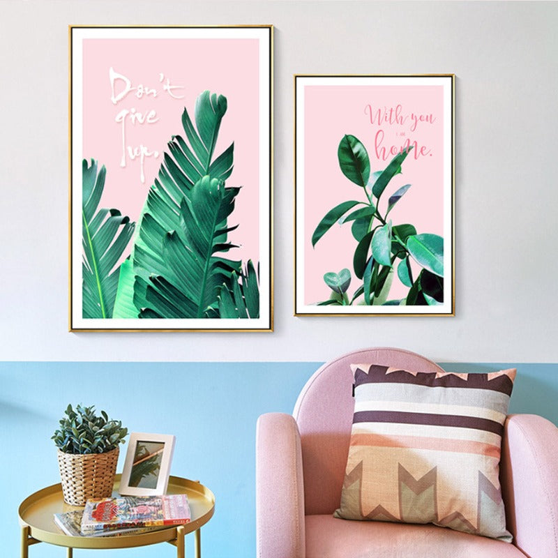 Rosa Hintergrund Grüne Tropische Blätter - Leinwand Wandkunst Malerei