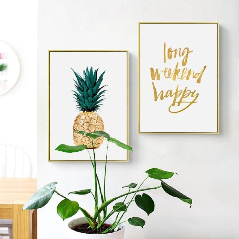 Gold Ananas Tropische Schildkröte Blatt Modern - Leinwand Wandkunst Malerei