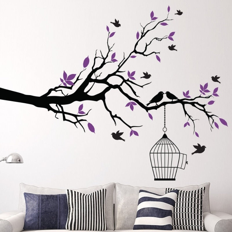 Wandtattoo „Baumzweig mit Vogelkäfig“, abnehmbare Vinyl-Wandaufkleber