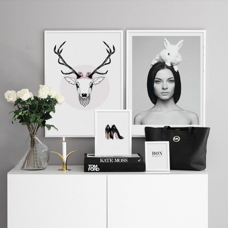 Deer Poster & Print Schwarze Wand - Leinwand Wandkunst Gemälde