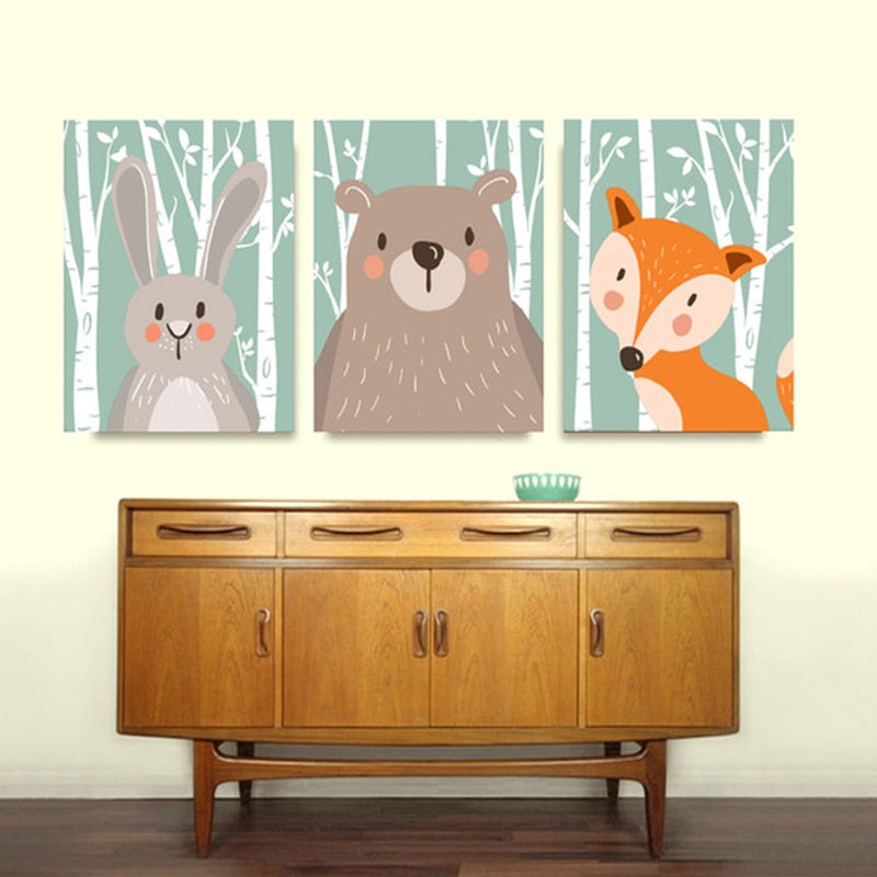 Waldtiere Kaninchen Fuchs Bär Kinderzimmer - Leinwandbild