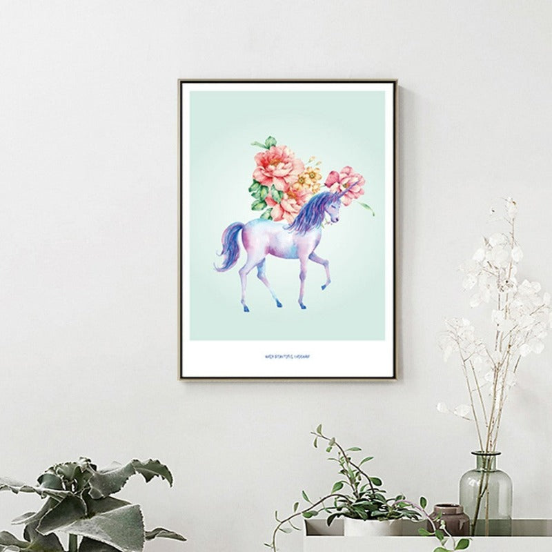 Nordische Cartoon-Tiere, Blumen, Einhorn – Leinwandbild
