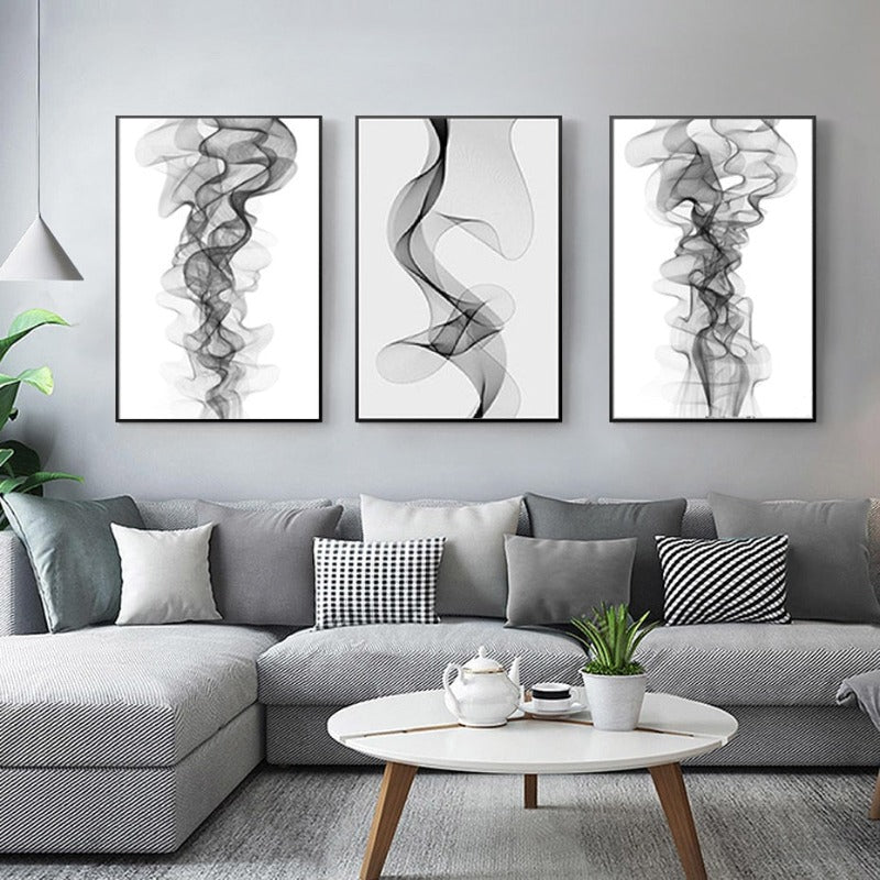 Minimalistische abstrakte wellenförmige Linienmuster Schwarz Weiß - Leinwand Wandkunst Gemälde