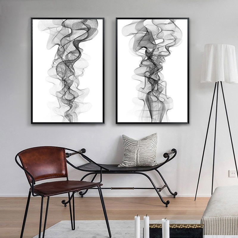 Minimalistische abstrakte wellenförmige Linienmuster Schwarz Weiß - Leinwand Wandkunst Gemälde