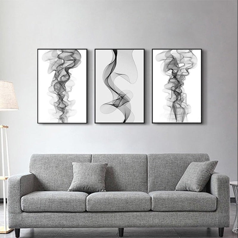 Minimalistische abstrakte wellenförmige Linienmuster Schwarz Weiß - Leinwand Wandkunst Gemälde