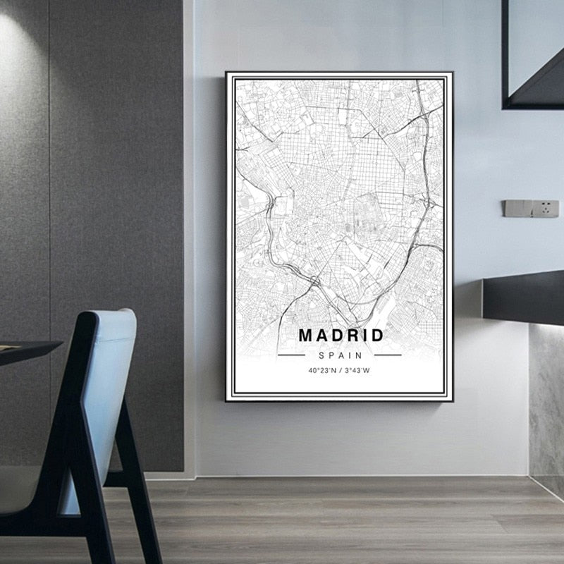 Schwarz-Weiß Madrid Stadtkarte Breitengrad Längengrad Drucke Poster