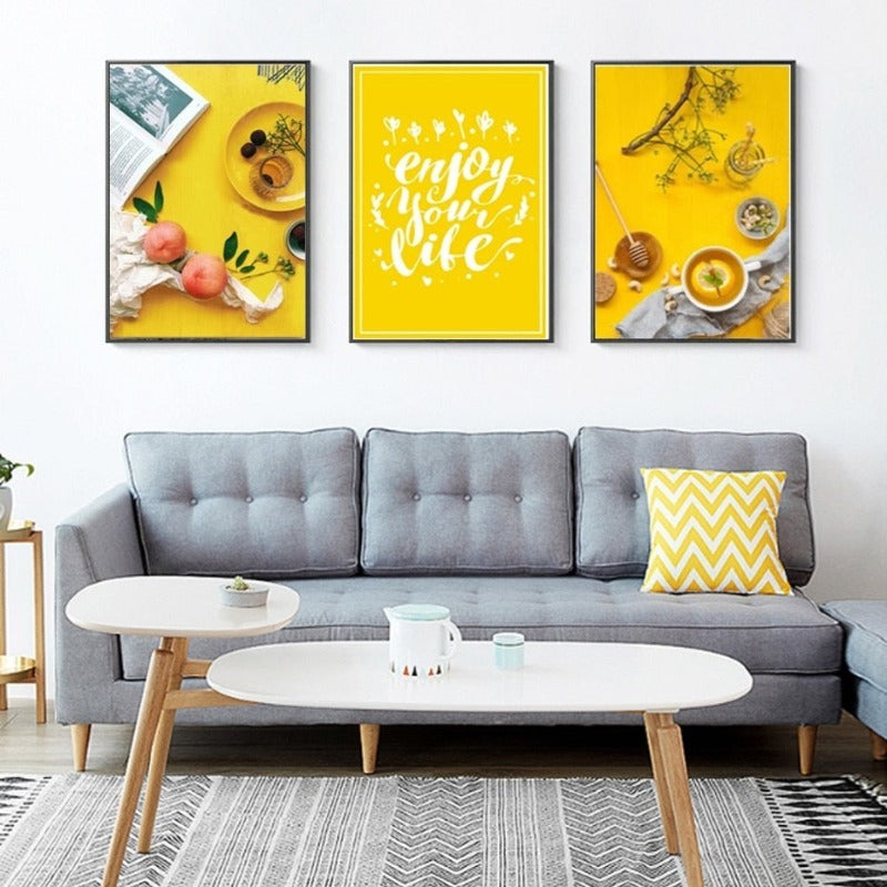 Essen Tee Poster Lebenszitat Gelber Hintergrund - Leinwand Wandkunst Gemälde