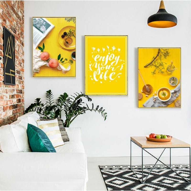 Essen Tee Poster Lebenszitat Gelber Hintergrund - Leinwand Wandkunst Gemälde