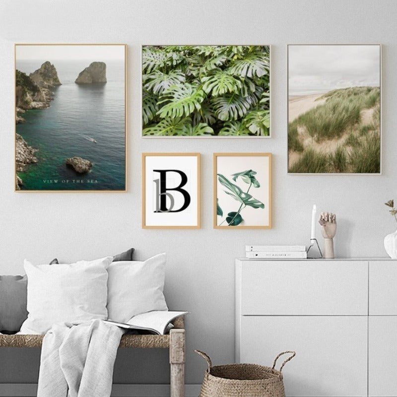 Modernes, erfrischendes Landschaftsbild mit grünen Blättern – Leinwandbild