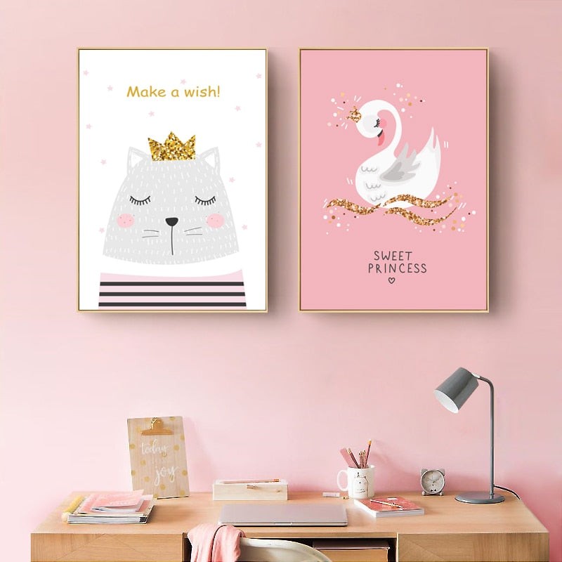 Moderne rosa Prinzessinnen-Einhorn-Poster - Leinwand-Wandkunst-Gemälde