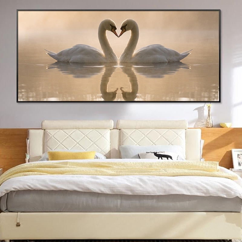 Love Coupe Of Swan Landscape - Leinwand Wandkunst Malerei