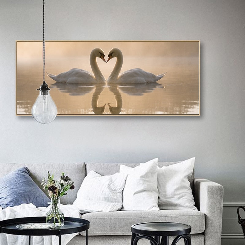 Love Coupe Of Swan Landscape - Leinwand Wandkunst Malerei