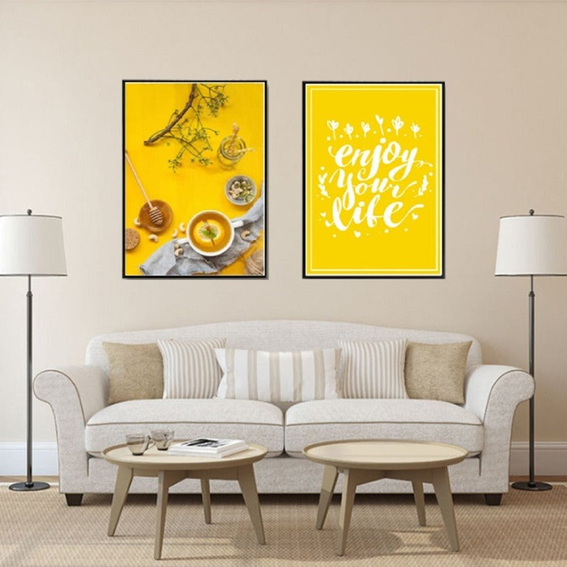Essen Tee Poster Lebenszitat Gelber Hintergrund - Leinwand Wandkunst Gemälde