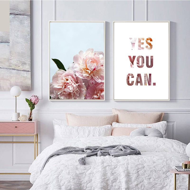 Pink Peony Floral Ja Du Kannst Zitate - Leinwand Wandkunst Gemälde