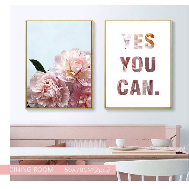 Pink Peony Floral Ja Du Kannst Zitate - Leinwand Wandkunst Gemälde