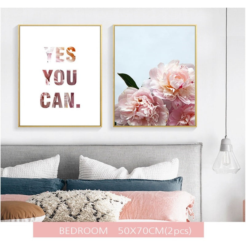 Pink Peony Floral Ja Du Kannst Zitate - Leinwand Wandkunst Gemälde