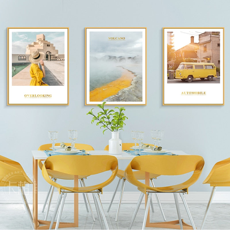 Modern gelbes Landschaftswandkunstposter - Leinwand Wandkunstgemälde