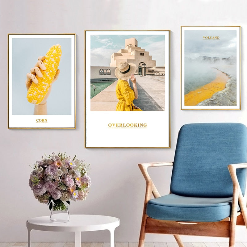 Modern gelbes Landschaftswandkunstposter - Leinwand Wandkunstgemälde