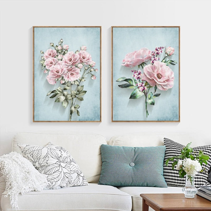 Modernes pastorales Motiv mit rosa Blumen – Leinwandbild
