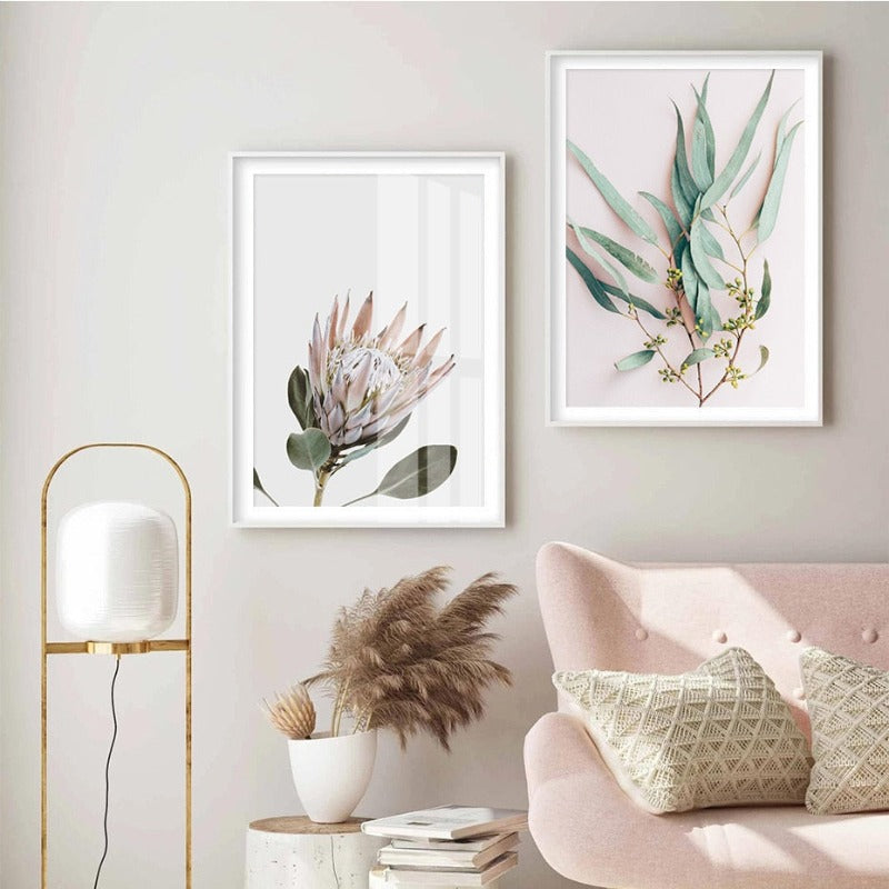 Moderne Pflanzenblätter, Königsprotea-Blüten - Leinwandbild