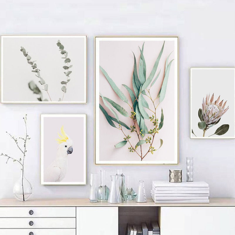 Moderne Pflanzenblätter, Königsprotea-Blüten - Leinwandbild