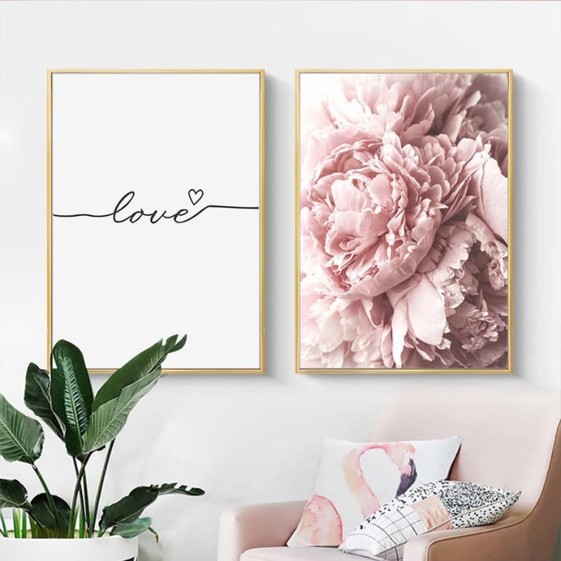 Modernes minimalistisches Schriftzug-Gemälde mit rosa Pfingstrosenblume – Leinwandbild