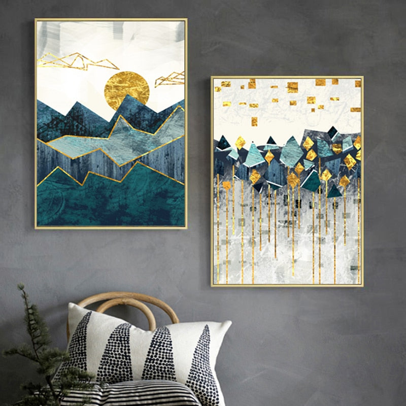Vintage abstrakte geometrische Sonnenaufgangsszene als Wandbild – Leinwandgemälde