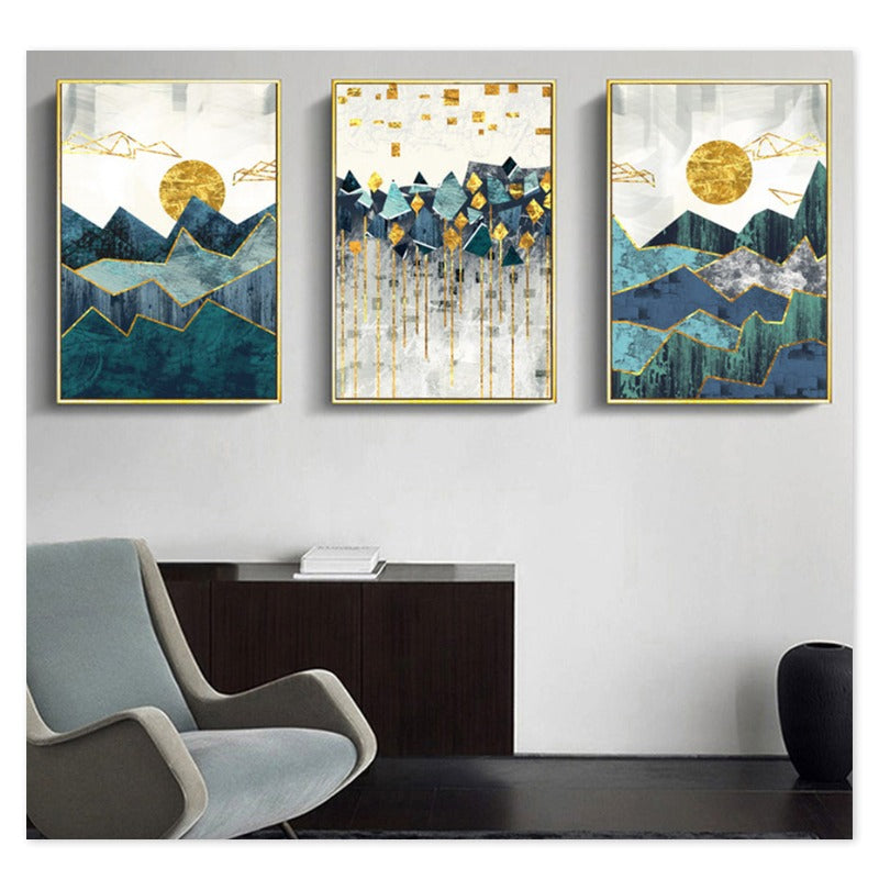 Vintage abstrakte geometrische Sonnenaufgangsszene als Wandbild – Leinwandgemälde