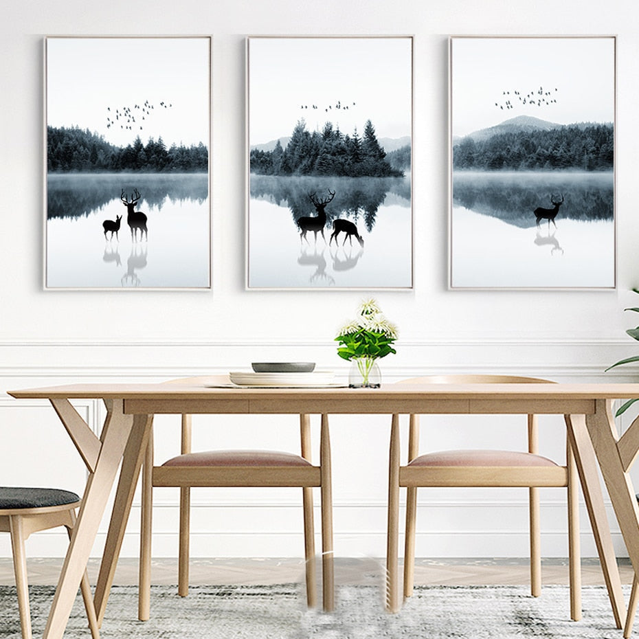 Nordische Landschaft mit Hirschen – Leinwandbild