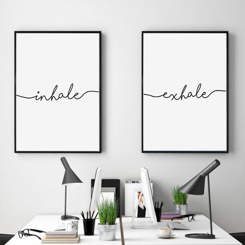 Minimalistisch Schwarz Weiß Ausatmen Einatmen Buchstaben - Leinwand Wandkunst Malerei