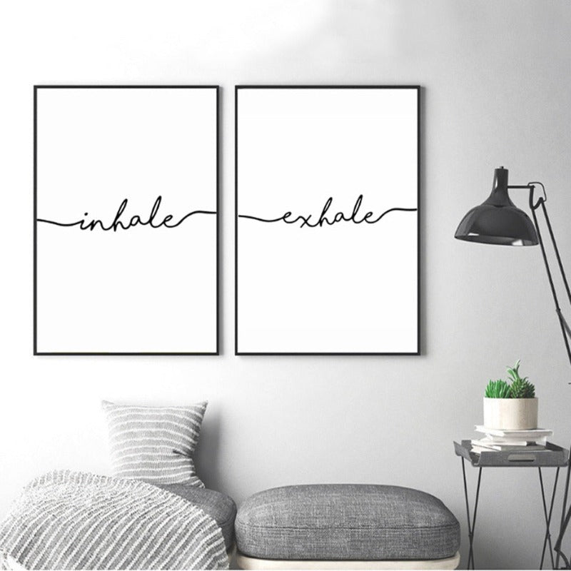 Minimalistisch Schwarz Weiß Ausatmen Einatmen Buchstaben - Leinwand Wandkunst Malerei