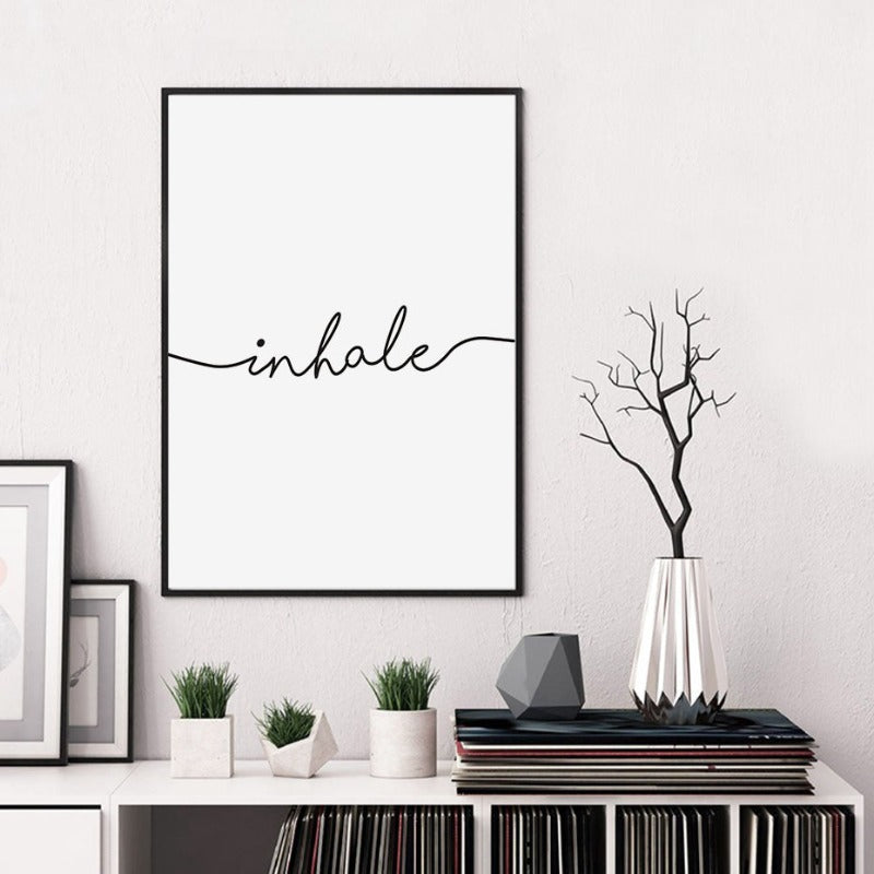 Minimalistisch Schwarz Weiß Ausatmen Einatmen Buchstaben - Leinwand Wandkunst Malerei